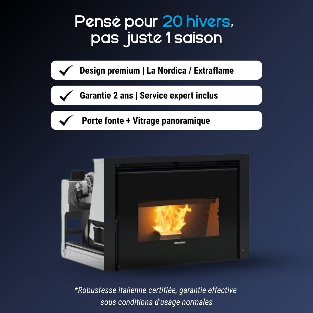 Insert à granulés Extraflame Comfort P85 Plus 12 kW avec porte fonte et vitrage panoramique
