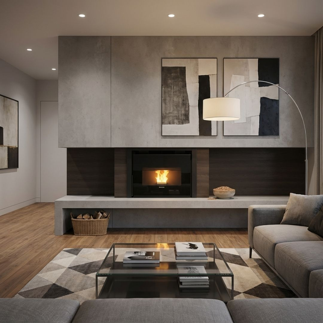 Insert à granulés Comfort P85 Plus 12 kW encastré dans salon contemporain avec feu allumé