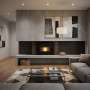 Insert à granulés Comfort P85 Plus 12 kW encastré dans salon contemporain avec feu allumé