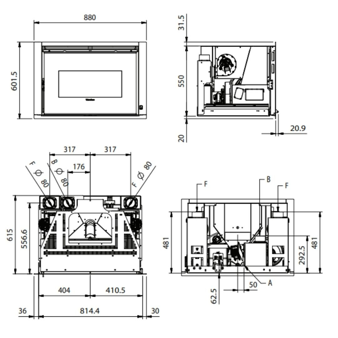 Plan technique et dimensions de l'insert à granulés Comfort P85 Plus 12 kW avec raccordements