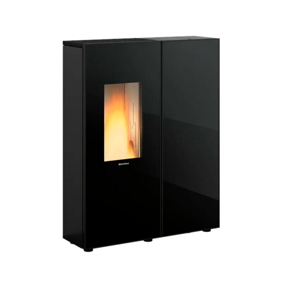 Poêle à granulés étanche Sharon Plus CX noir 10 kW avec vitre centrale et flamme allumée