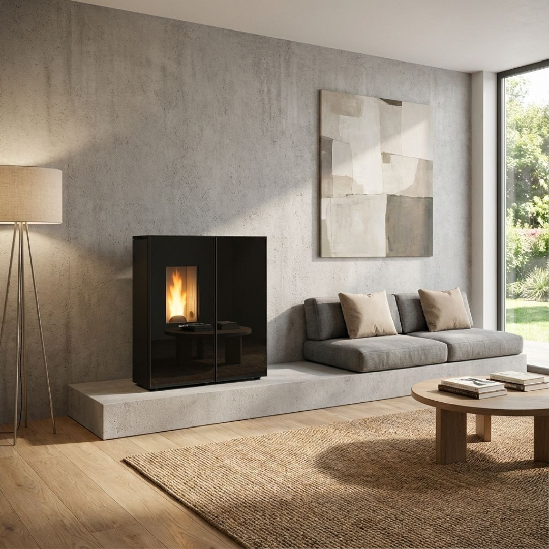 Poêle à granulés étanche noir 10 kW Sharon plus cx installé dans un salon contemporain avec kit ventouse