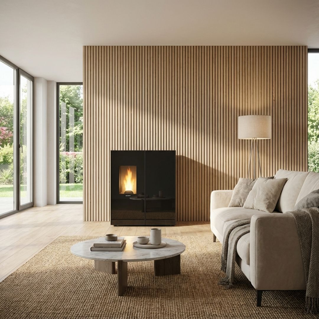 Poêle à granulés étanche noir 10 kW Sharon Plus CX installé dans un salon contemporain avec mur bois