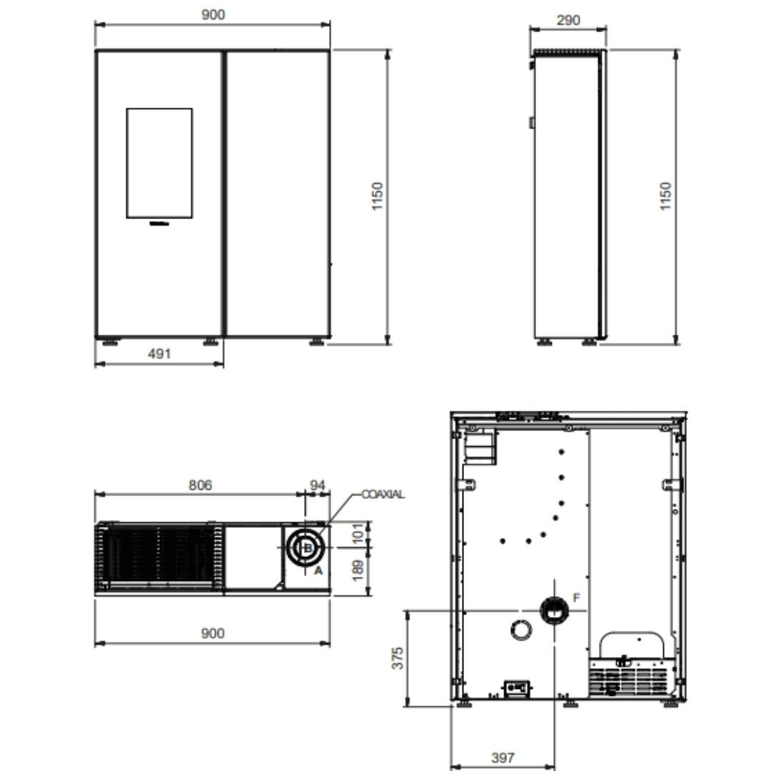 Plan de dimensions et schéma technique du poêle à granulés étanche Sharon plus cx 10 kW avec raccordement coaxial