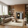 Poêle à granulés SHARON plus 10 kW avec habillage pierre intégré dans un salon moderne chaleureux
