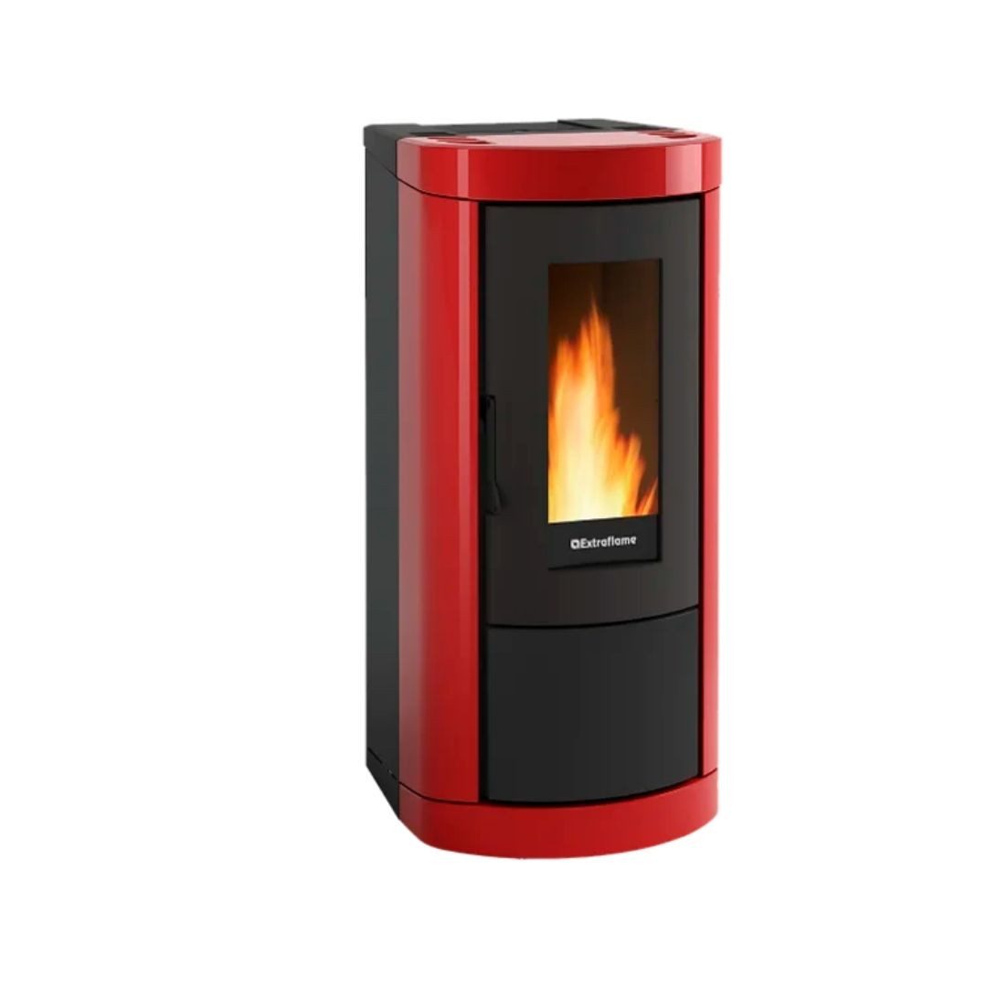 Poêle à granulés Extraflame Mietta Evo rouge et noir avec vitre panoramique allumé