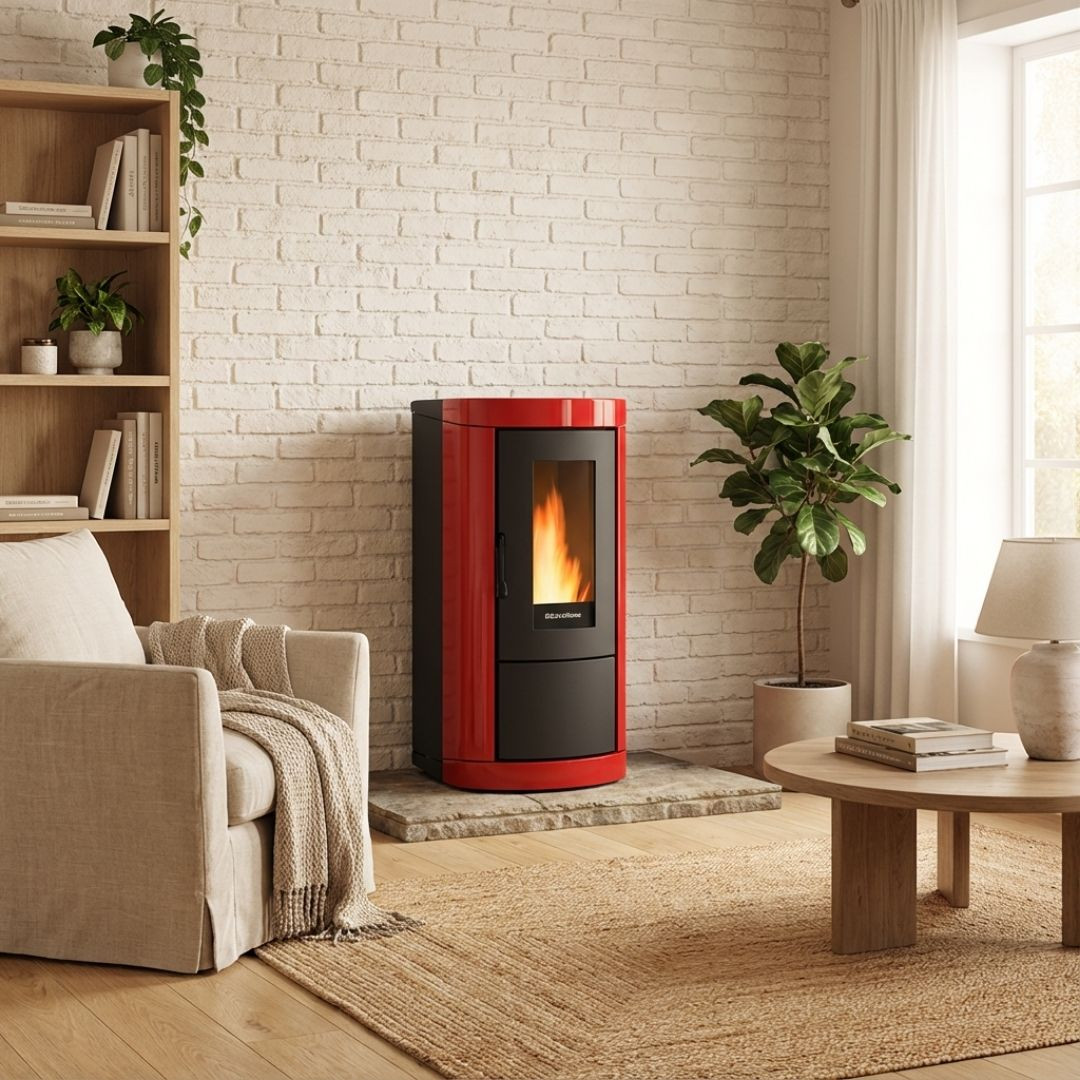 Poêle à granulés Mietta Evo 9 kW rouge design installé dans un salon moderne avec flammes allumées