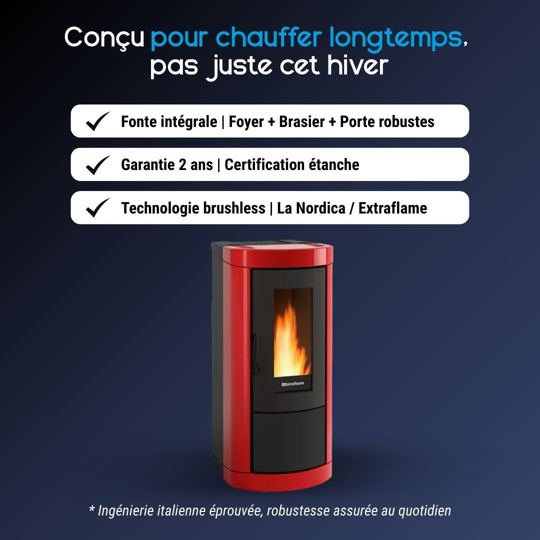 Poêle à granulés Mietta Evo rouge 9 kW avec fonte intégrale et technologie brushless Extraflame