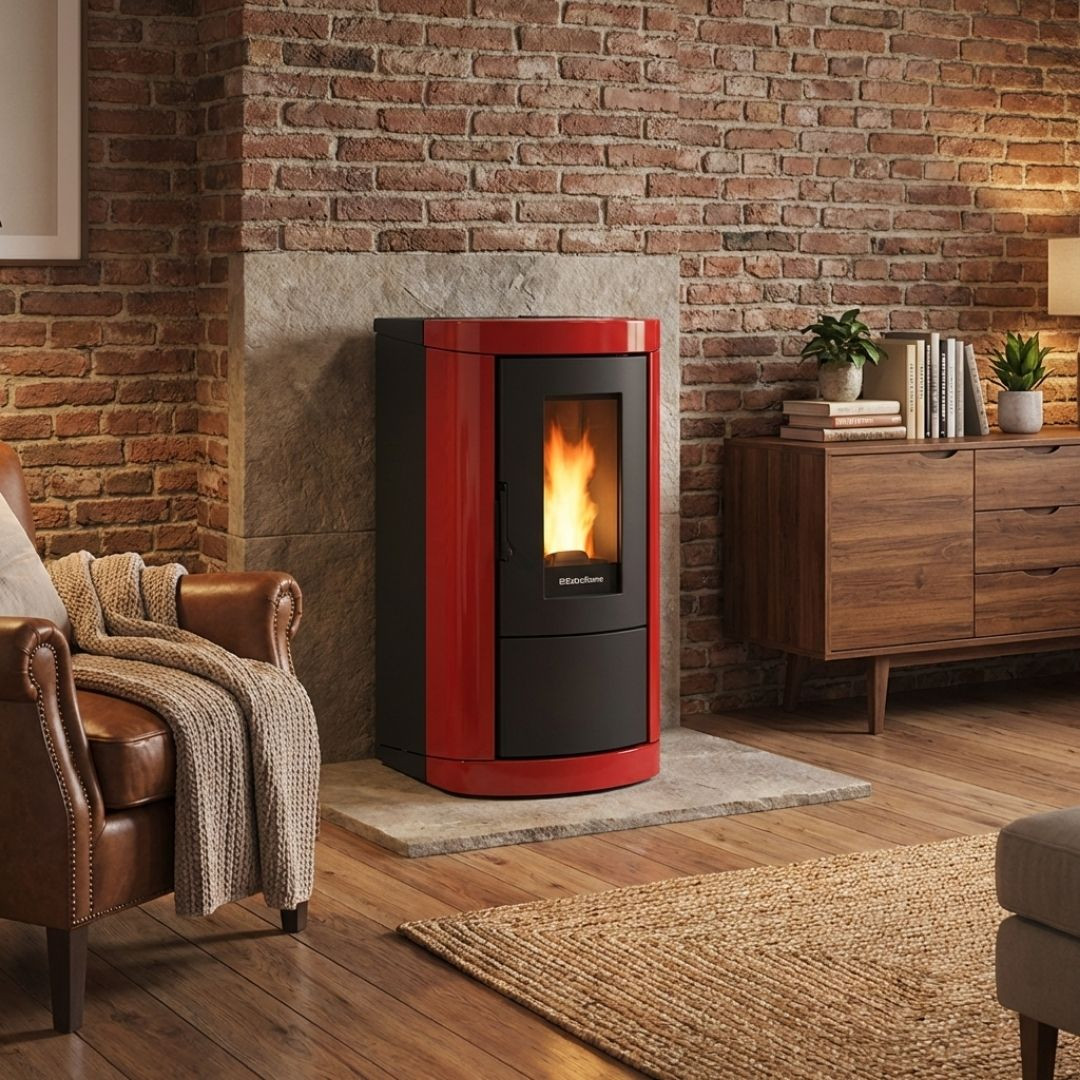 Poêle à granulés Mietta Evo rouge et noir 9 kW allumé dans un salon avec mur en briques