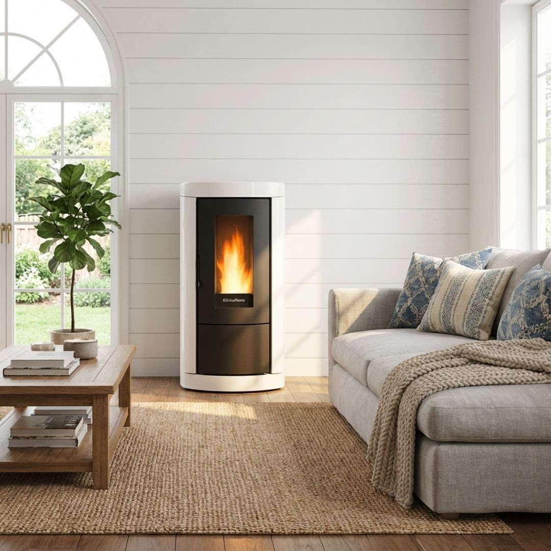 Poêle à granulés Mietta Evo 9 kW blanc et noir installé dans un salon lumineux avec flamme allumée