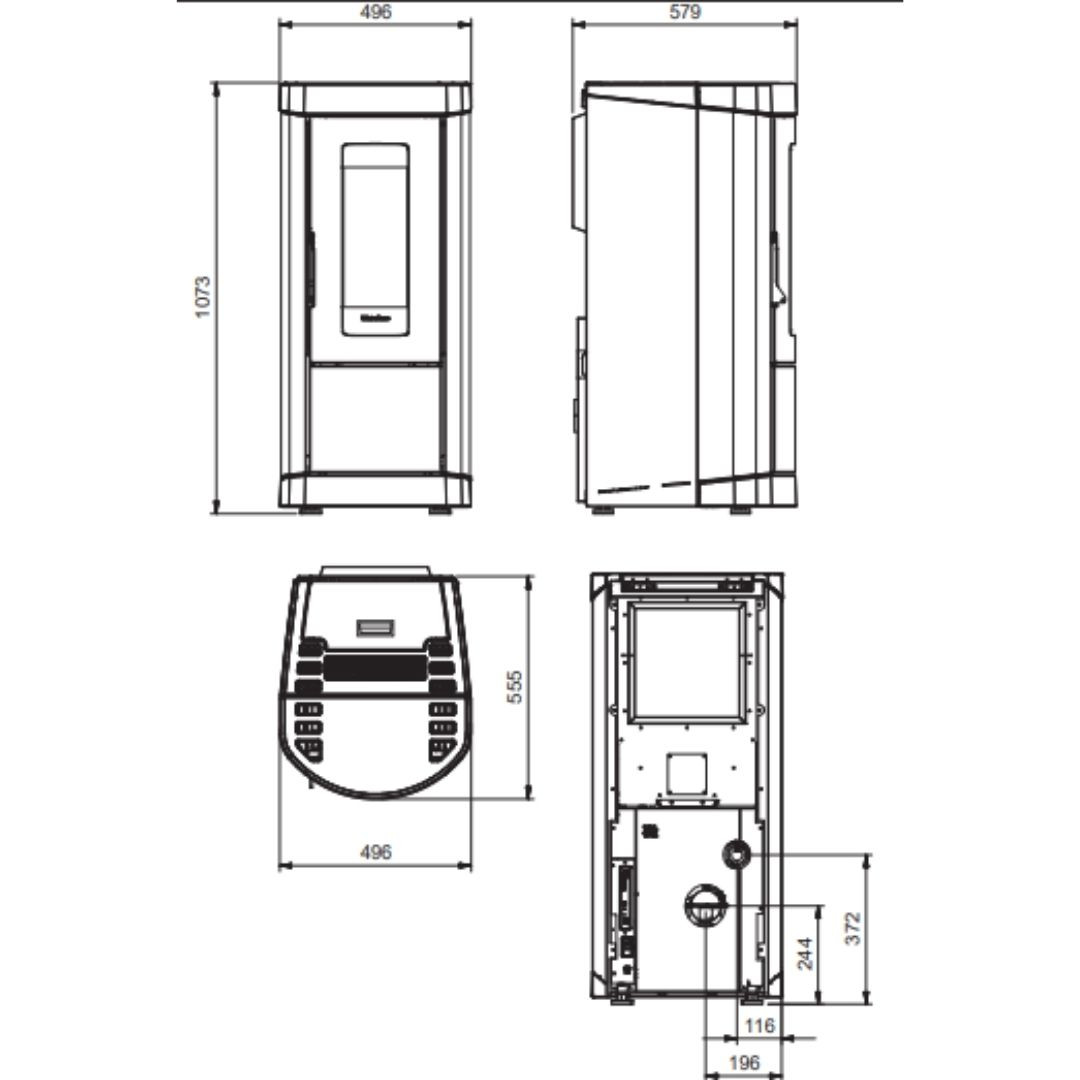 Plan technique avec dimensions du poêle à granulés Mietta Evo 9 kW, vues face, côté, dessus et arrière