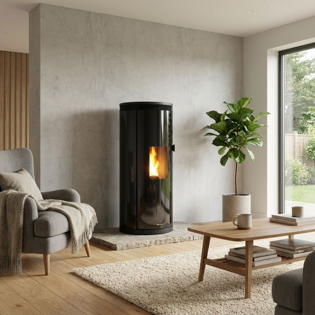 Poêle à granulés noir cylindrique 8 kW avec vitre panoramique allumé dans un salon moderne