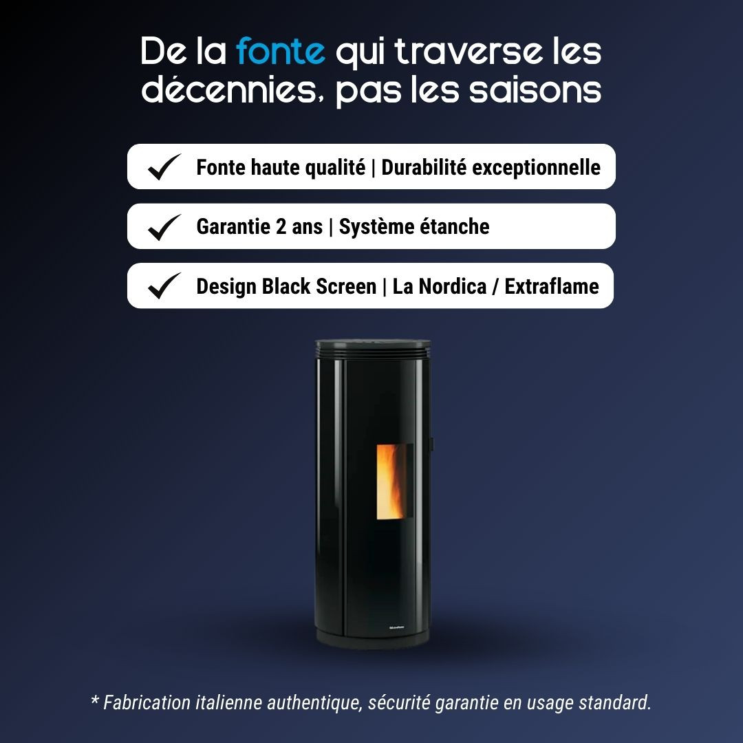 Poêle à granulés noir cylindrique design La Nordica Extraflame avec vitre flamme centrale