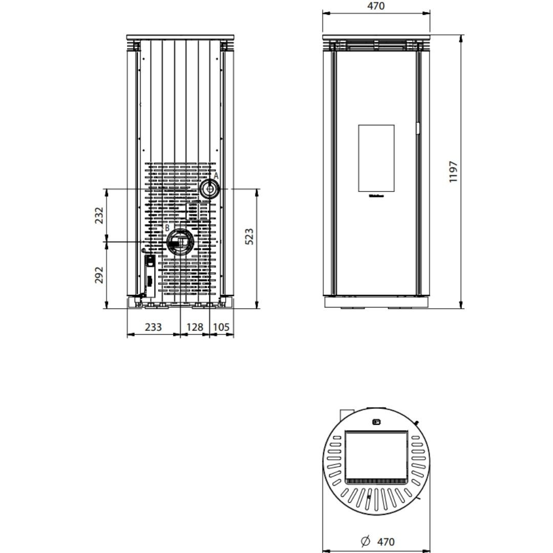 Plan technique du poêle à granulés Pamela Crystal noir 8 kW avec cotes et dimensions