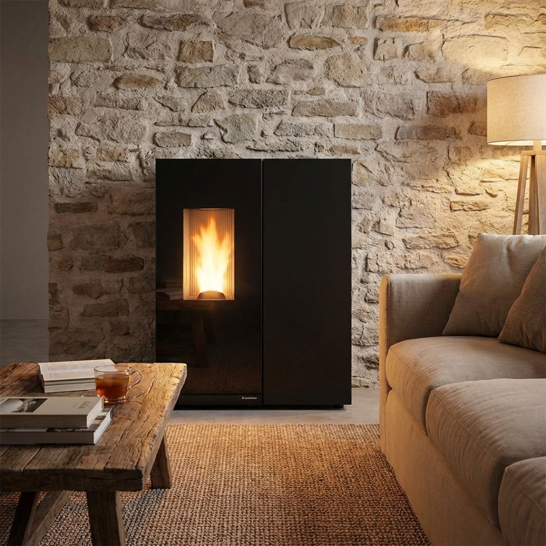 Poêle à granulés Sharon Plus steel noir 10 kW allumé dans un salon avec mur en pierre apparente