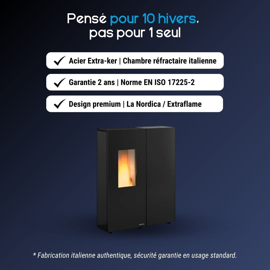 Poêle à granulés Sharon Plus steel 10 kW design acier noir avec chambre réfractaire italienne