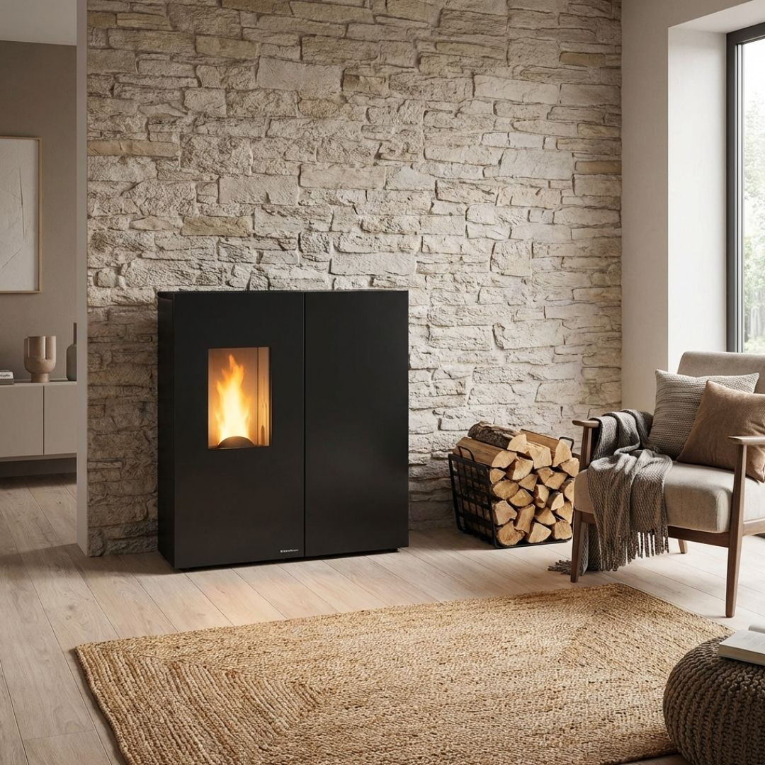 Poêle à granulés Sharon Plus steel noir 10 kW installé dans un salon contemporain avec mur en pierre