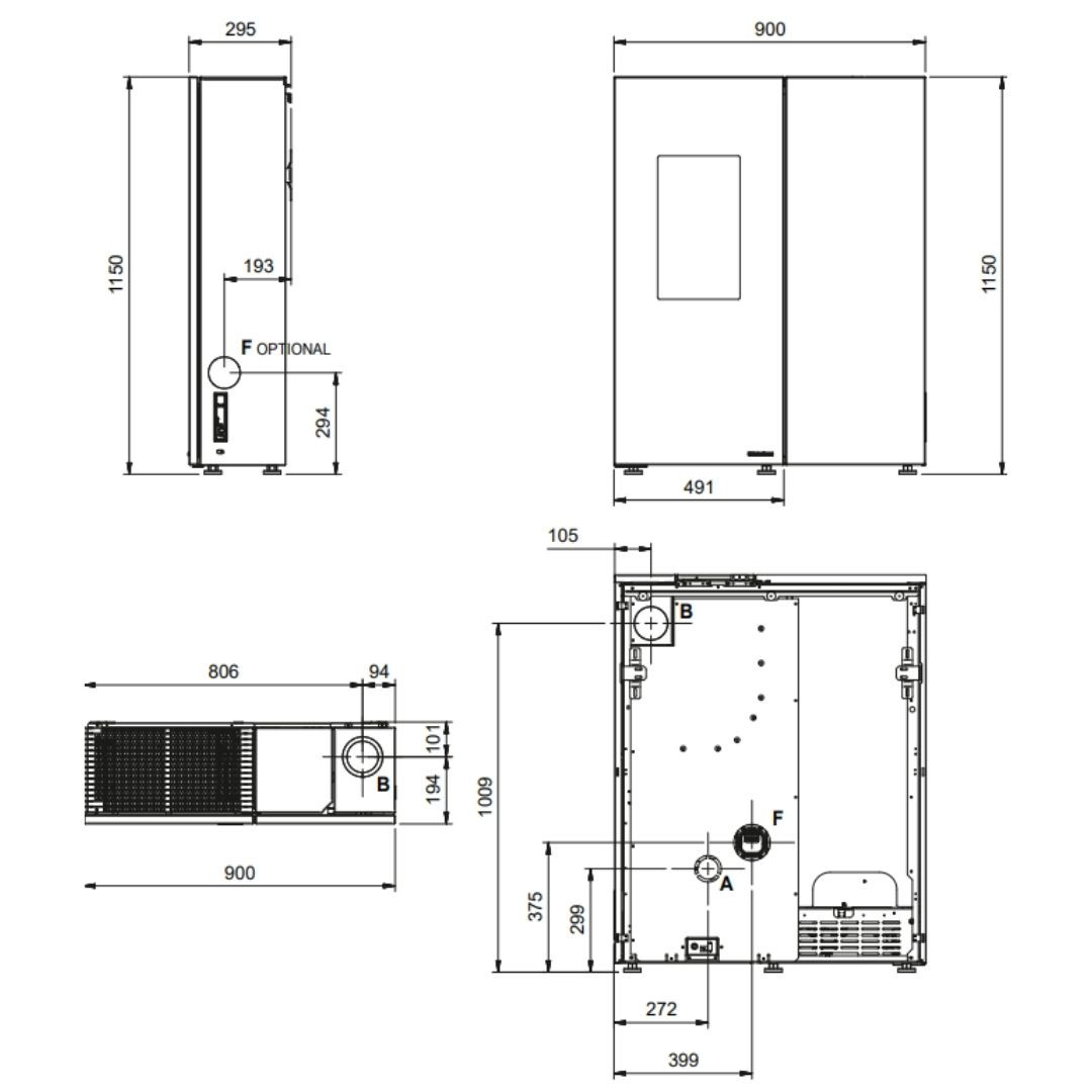 Plan technique et dimensions du poêle à granulés Sharon Plus steel 10 kW avec raccordements