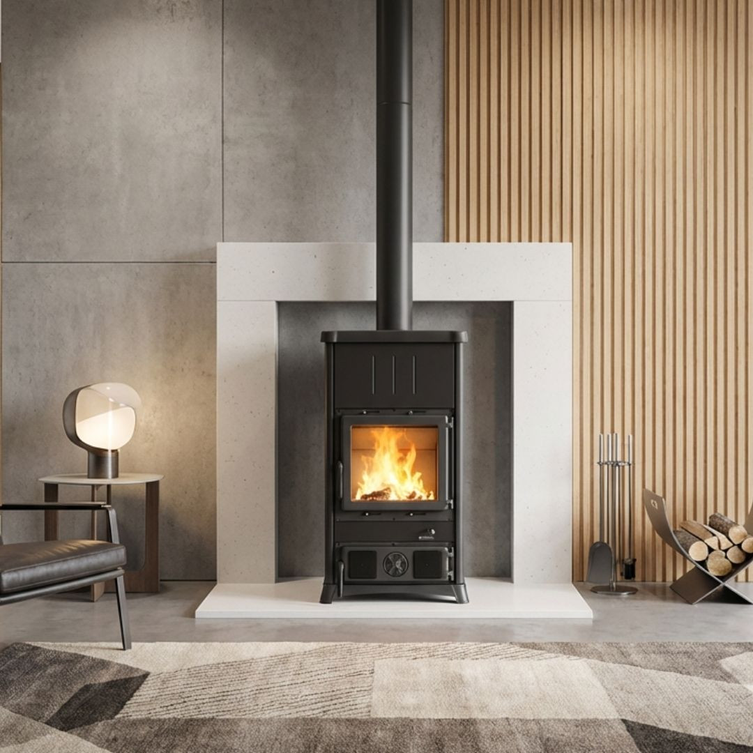 Poêle à bois Nordica Concita 2.0 Steel en acier noir installé dans un salon contemporain avec feu allumé