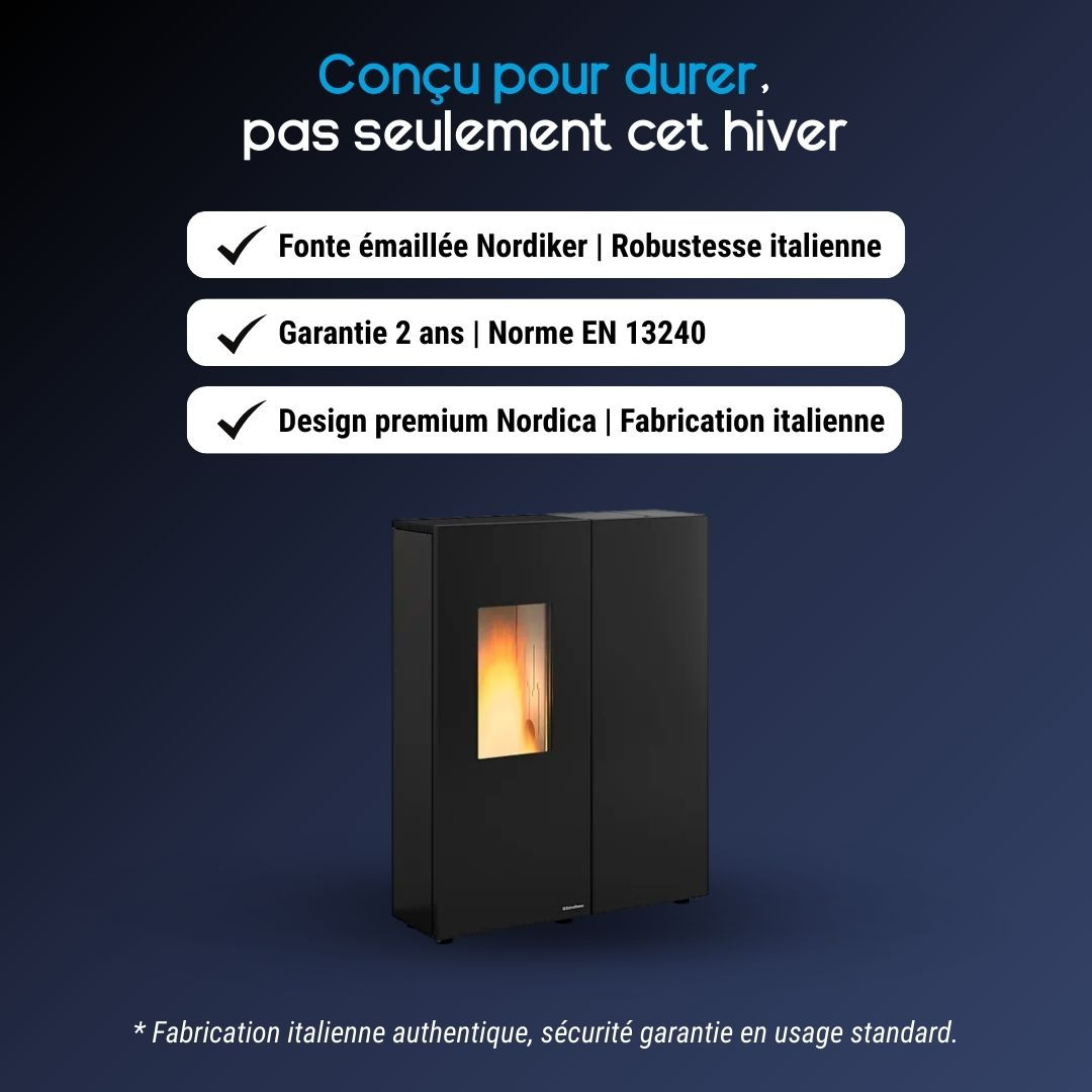 Poêle à bois Nordica Concita 2.0 en acier noir design italien avec fonte émaillée Nordiker 11,8 kW