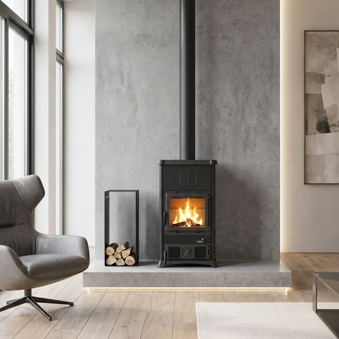 Poêle à bois Nordica Concita 2.0 en acier noir avec vitre panoramique installé dans un salon moderne