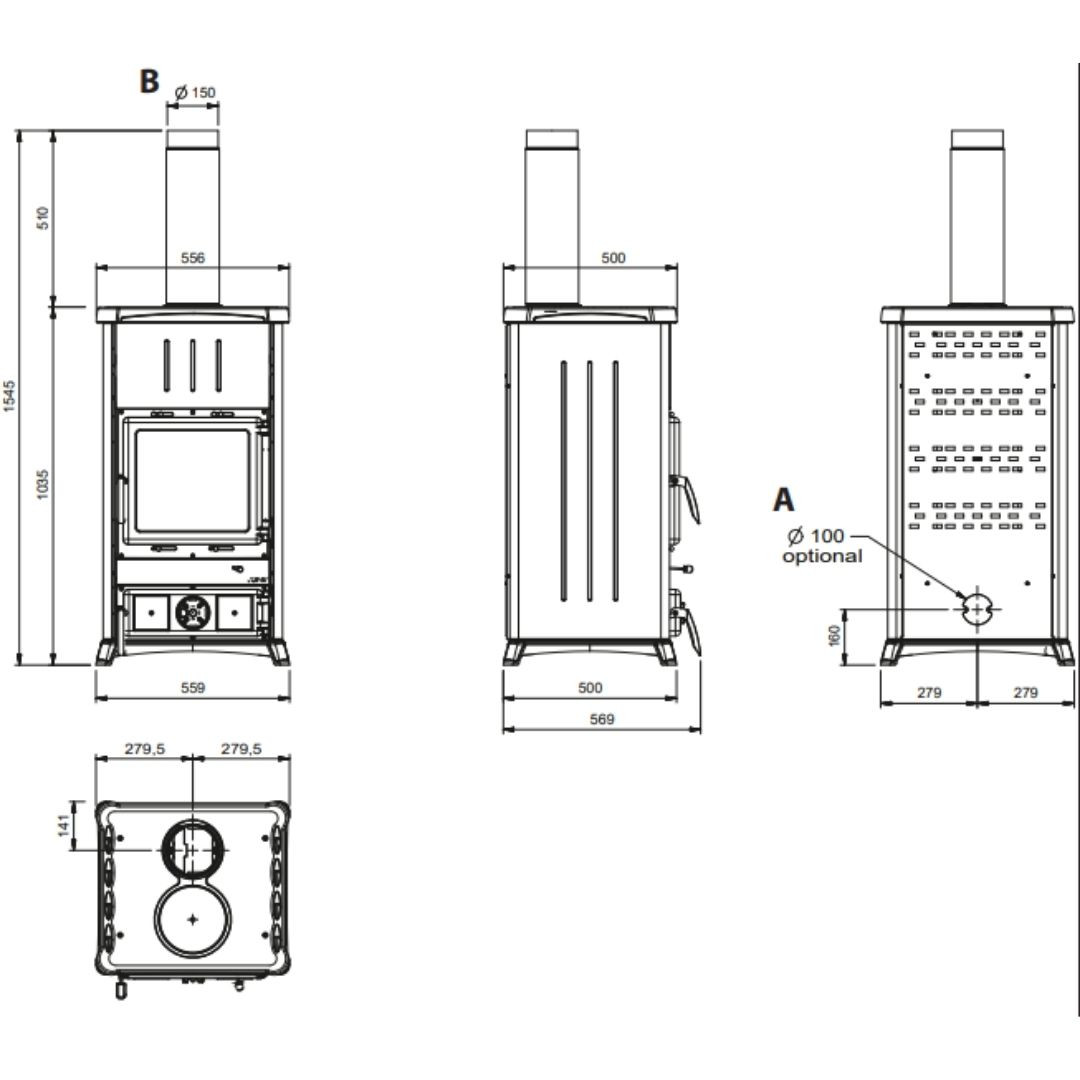 Schéma technique et dimensions du poêle à bois Nordica Concita 2.0 Steel avec sortie fumée 150 mm