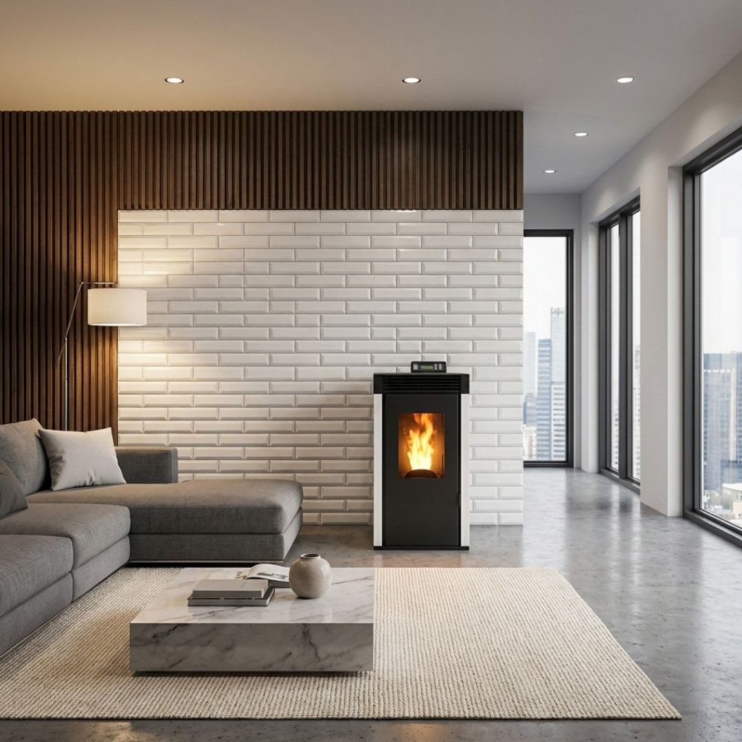 Poêle à granulés étanche Marina 6 de 7 kW installé dans un salon moderne