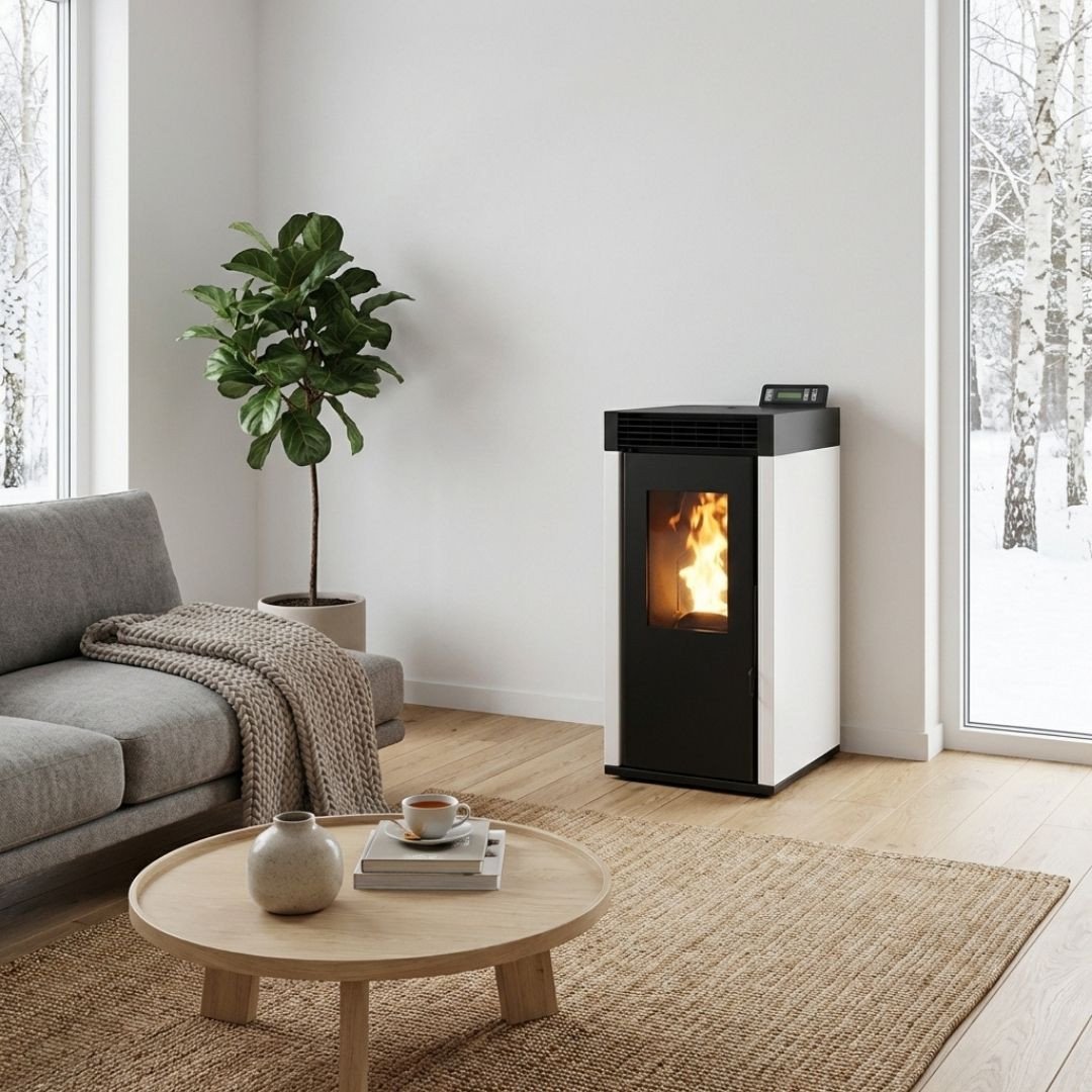 Poêle à granulés Marina 6 de 7 kW blanc installé dans une pièce lumineuse