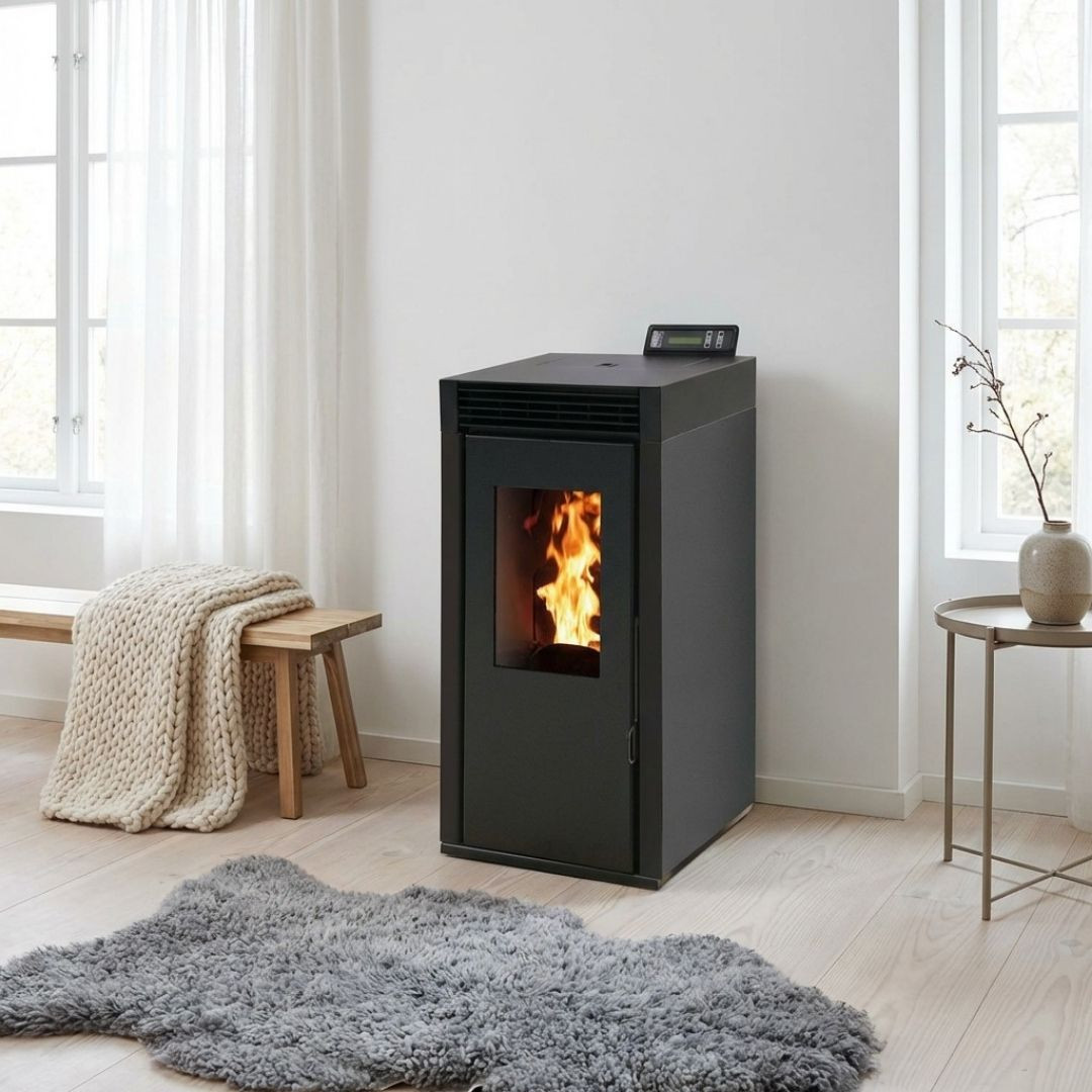 Poêle à pellets compact Marina 6 de 7 kW noir installé près d’une fenêtre