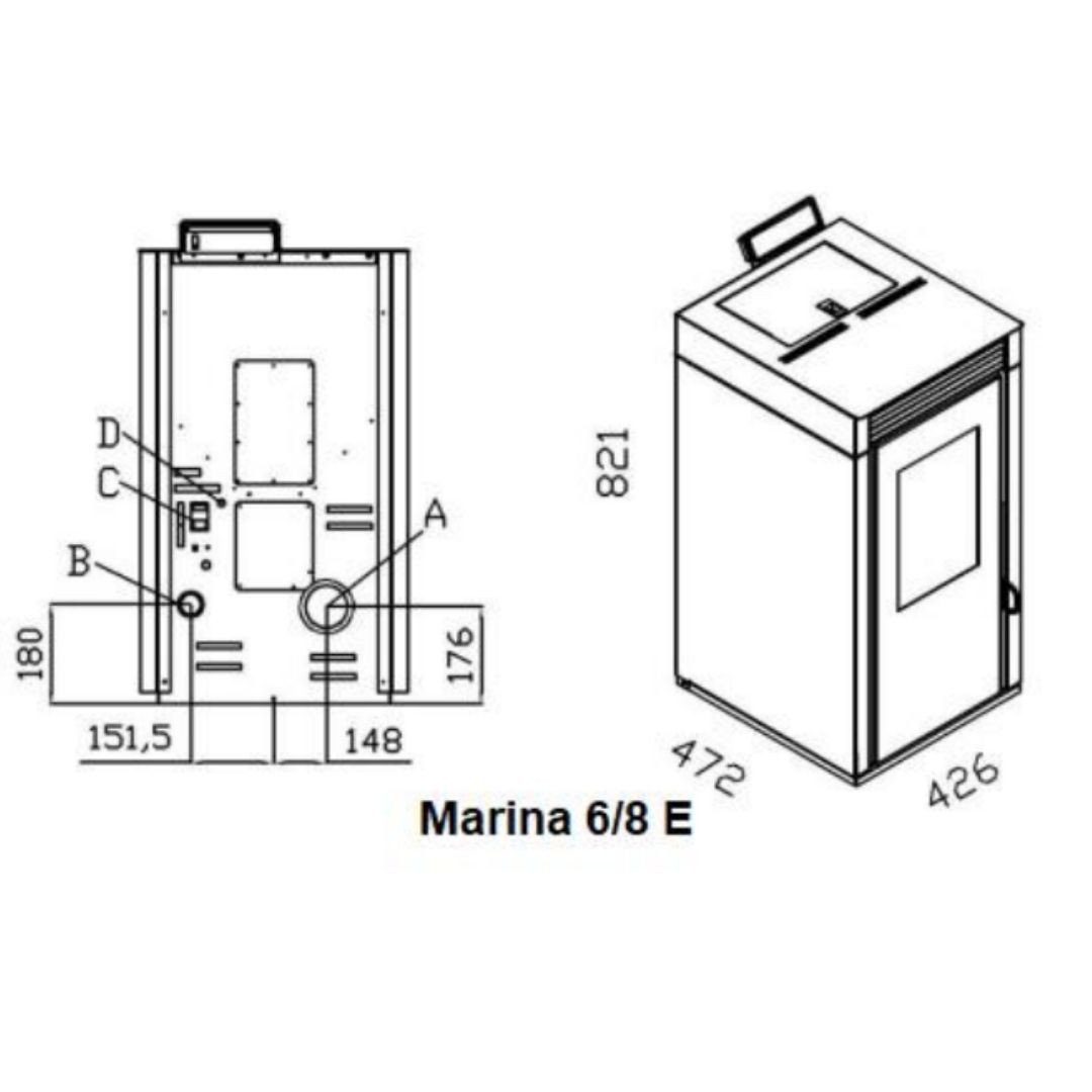 Schéma technique avec dimensions du poêle à granulés étanche Marina 6 de 7 kW