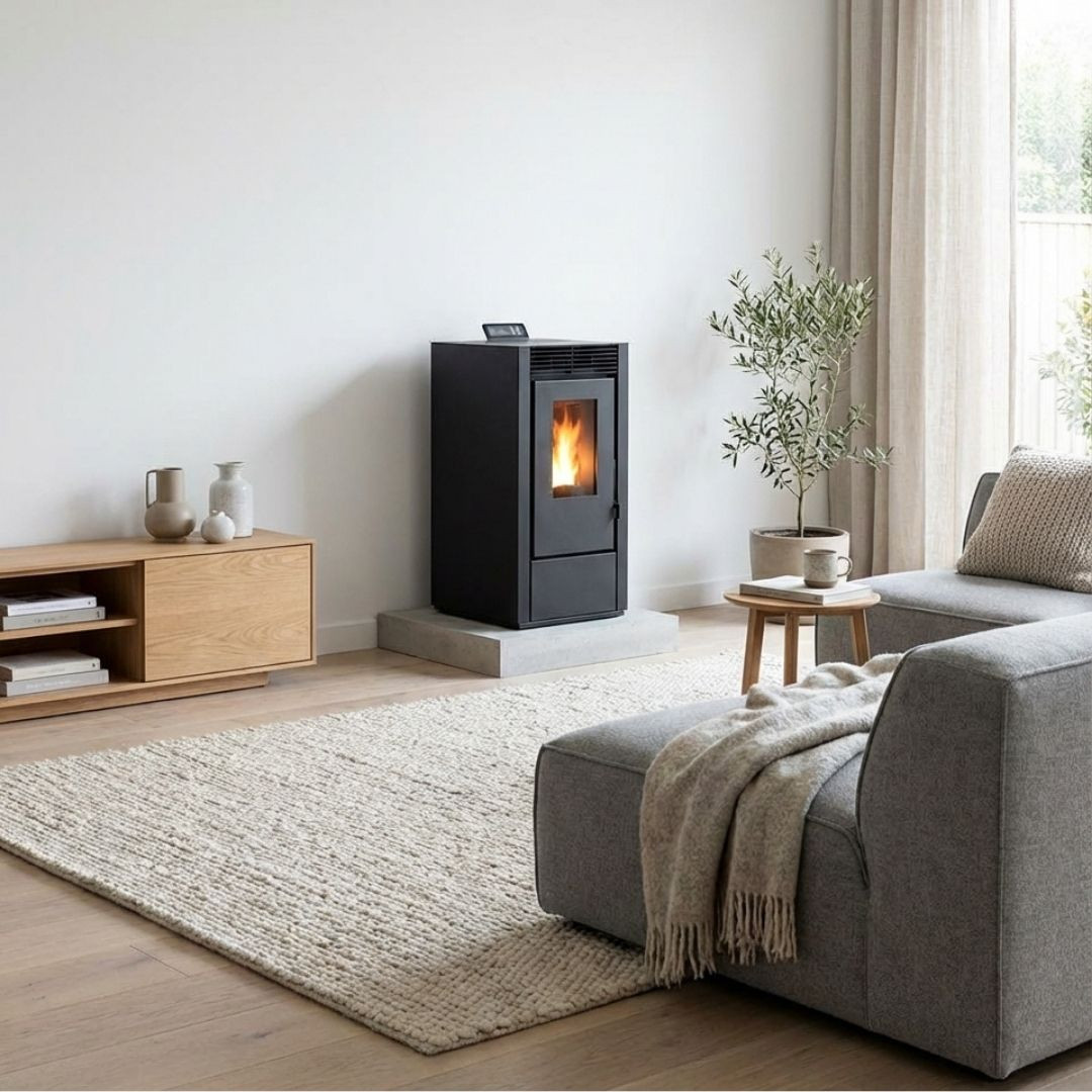 Poêle à granulés programmable Marina 11 noir installé dans une pièce de vie moderne
