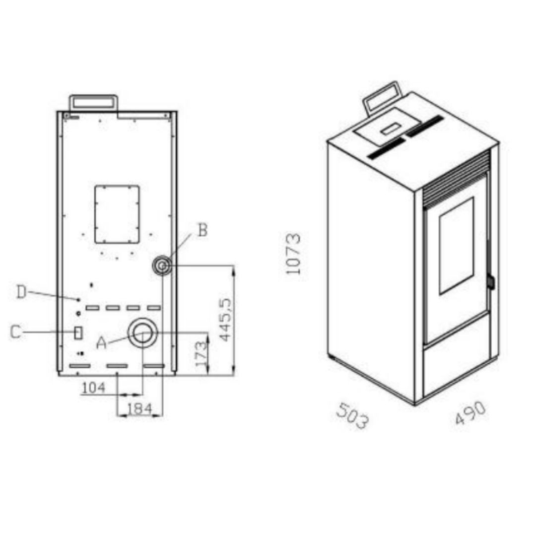Schéma technique avec dimensions du poêle à granulés programmable Marina 11 étanche