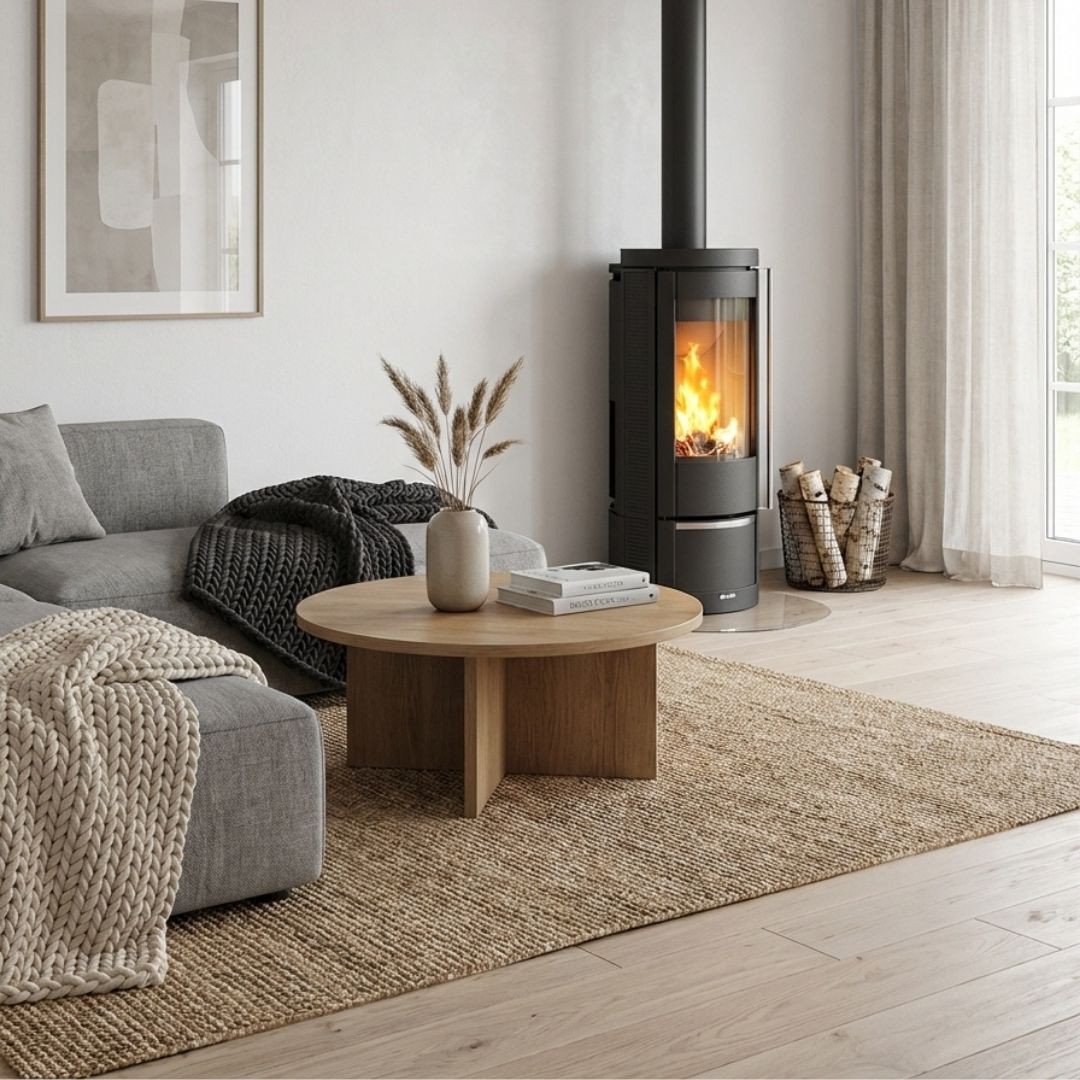 Poêle à bois Marlena.16 7,5 kW installé dans un salon contemporain