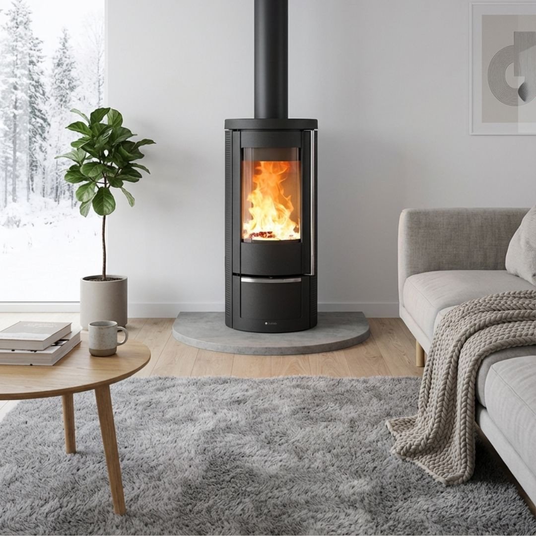 Poêle à bois La Nordica Marlena.16 7,5 kW installé près d’un canapé