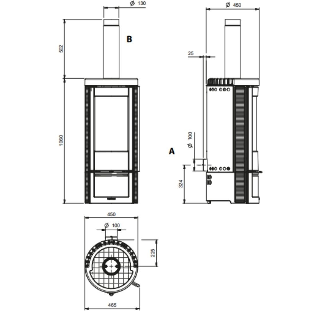 Schéma technique avec dimensions du poêle à bois en fonte Marlena.16 7,5 kW