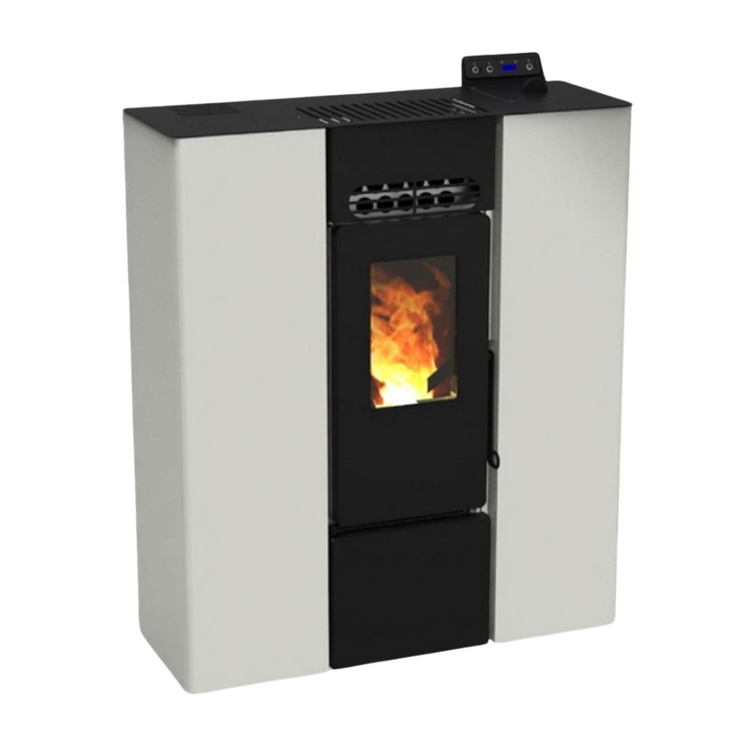 Poêle à granulés design moderne Linea VZ 8 kW blanc sur fond blanc