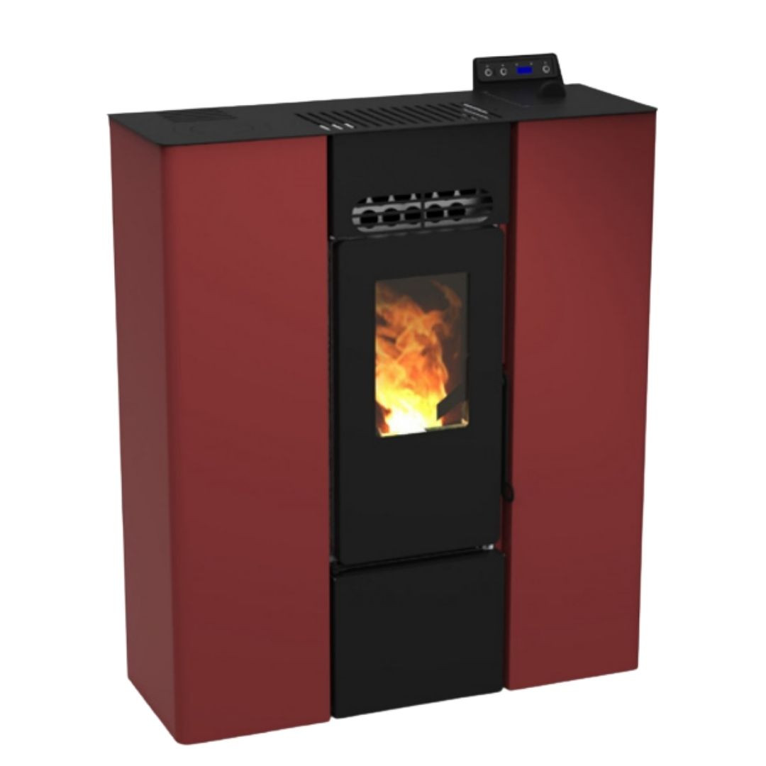 Poêle à granulés design moderne Linea VZ 8 kW rouge sur fond blanc