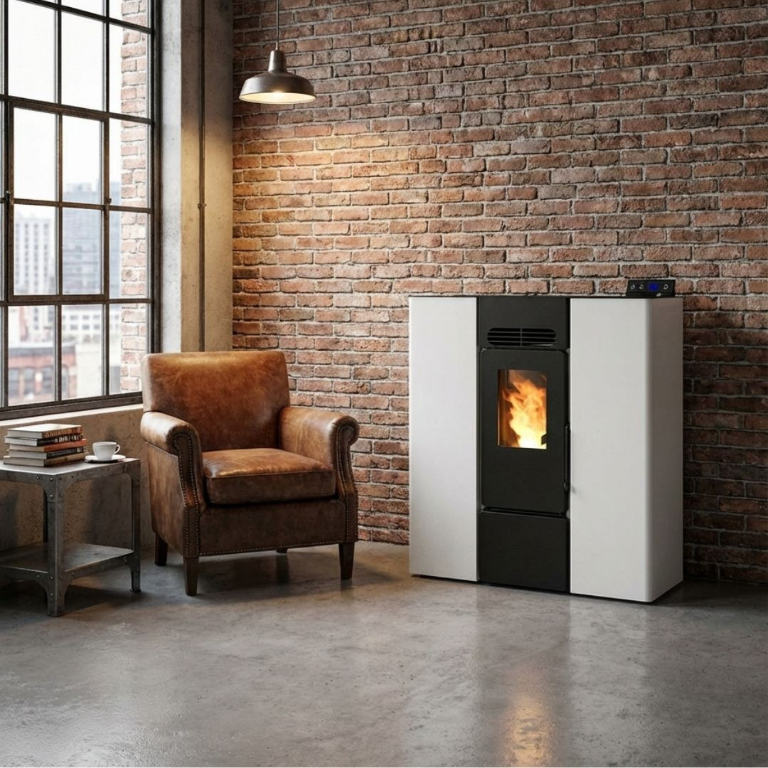 Poêle à granulés design moderne Linea VZ 8 kW blanc installé dans un salon industriel