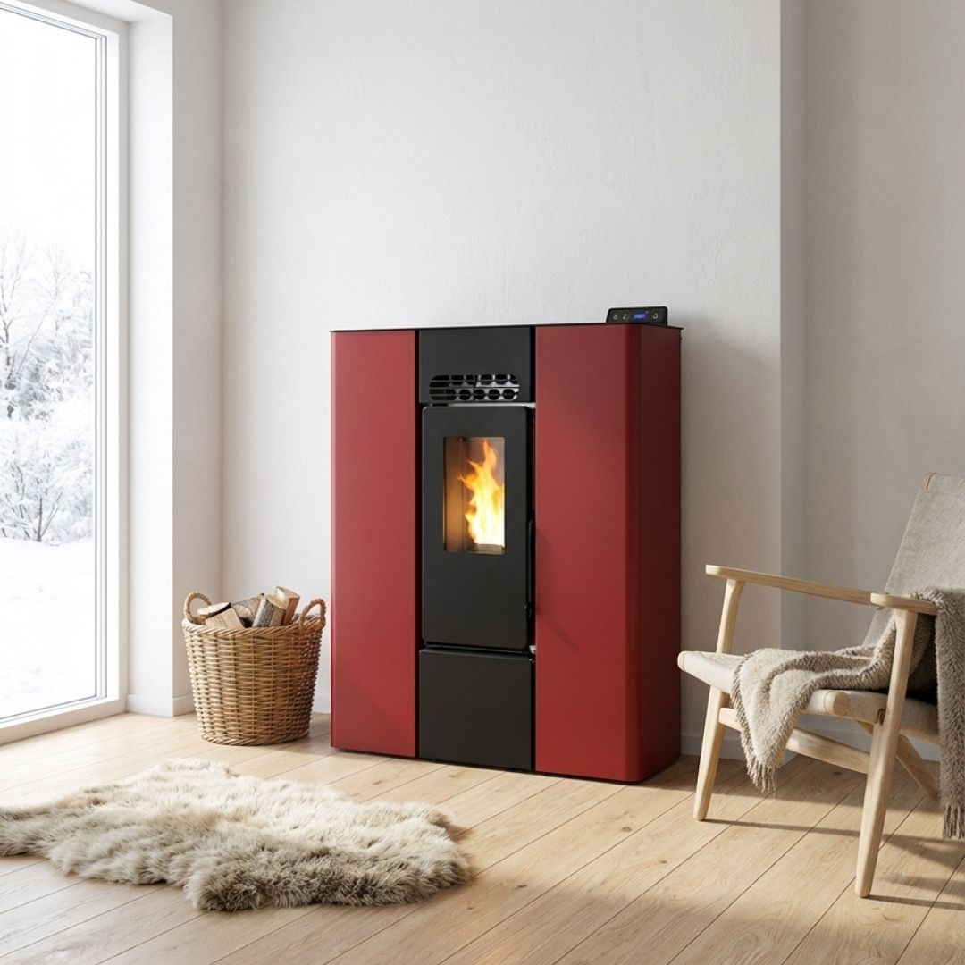 Poêle à granulés design moderne Linea VZ 8 kW rouge installé dans une pièce lumineuse