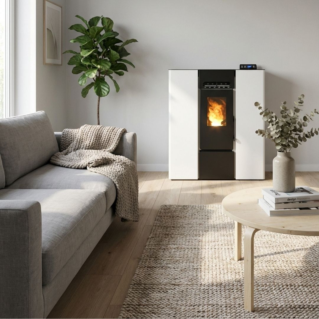 Poêle à granulés design moderne Linea VZ 8 kW blanc installé dans un salon contemporain