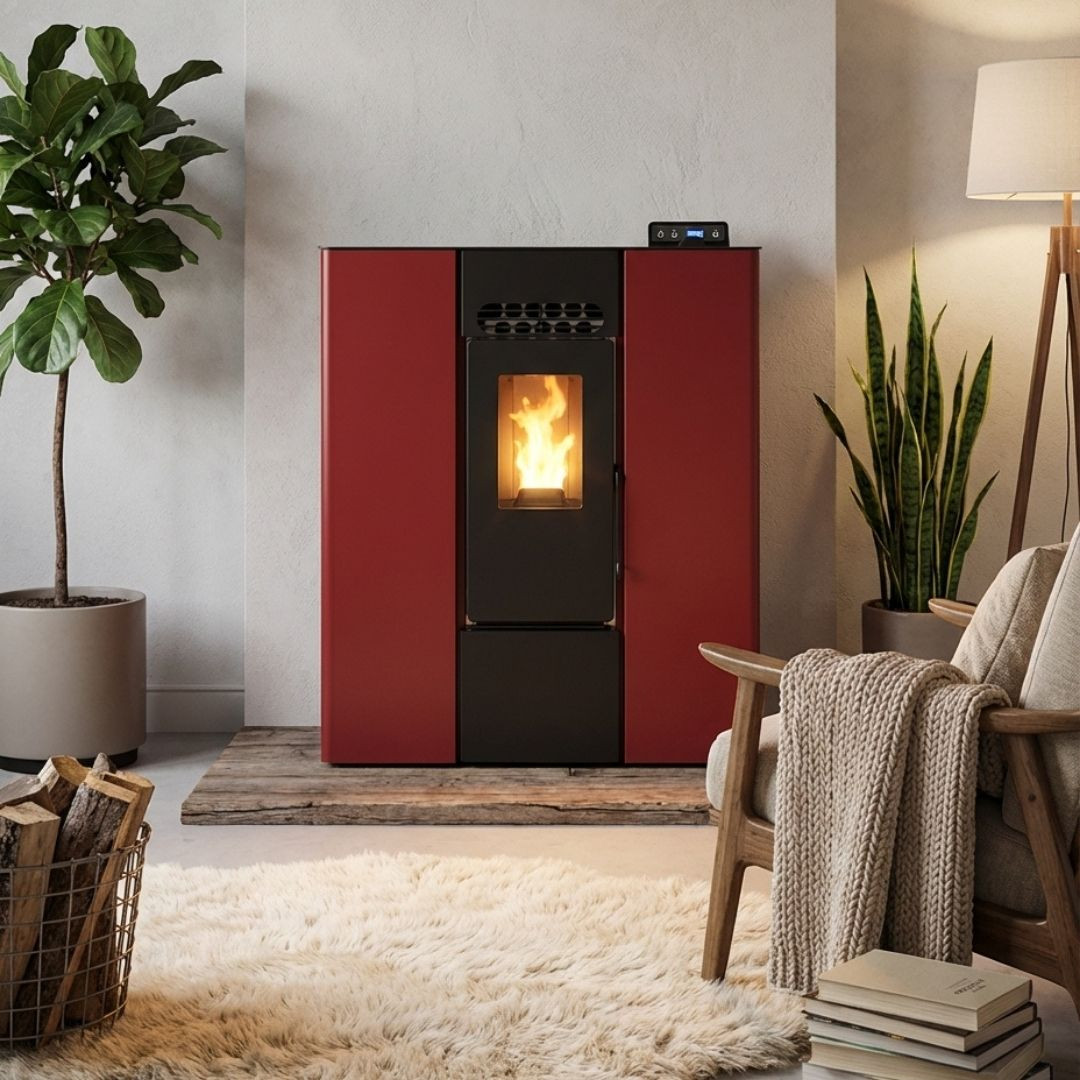 Poêle à granulés design moderne Linea VZ 8 kW rouge installé dans un intérieur chaleureux