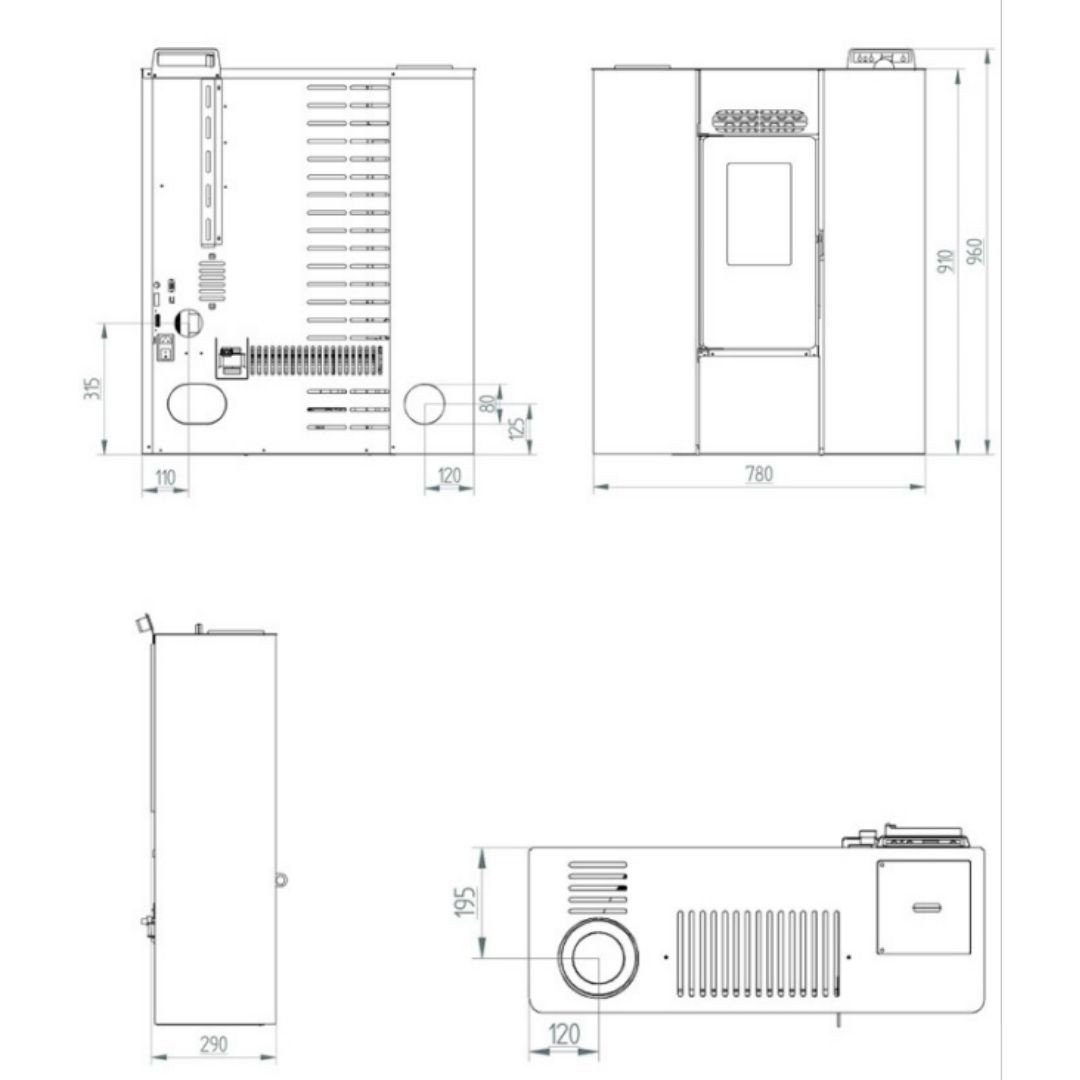 Schéma technique avec dimensions du poêle à granulés design moderne Linea VZ 8 kW