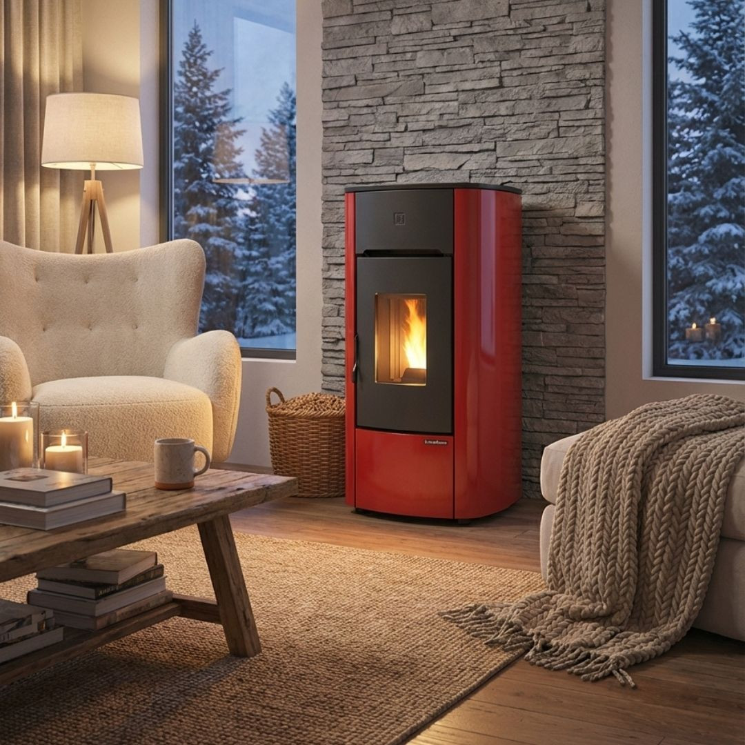 Poêle à granulés Mariella bordeaux 7 kW dans salon chaleureux avec chauffage au granulé