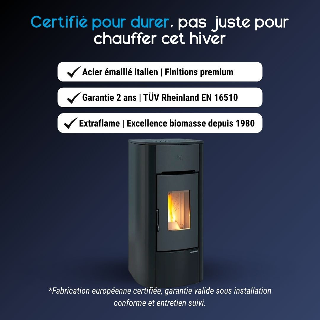 Poêle à granulés Mariella noir certifié acier émaillé italien et Flamme Verte