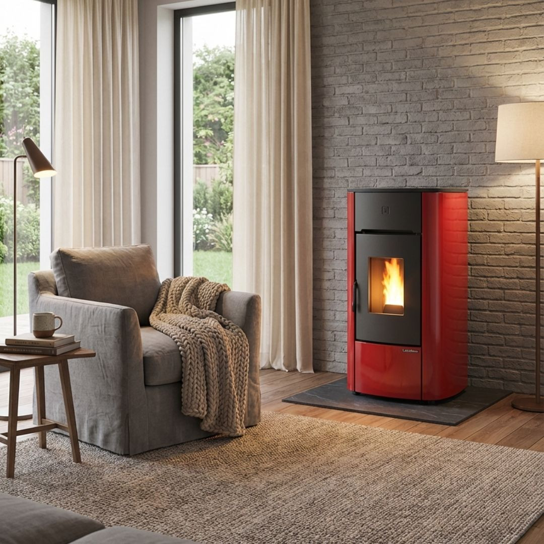Poêle à granulés Mariella 7 kW bordeaux dans intérieur contemporain
