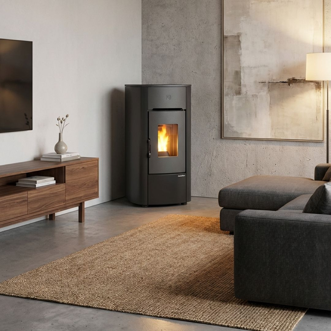 Poêle à granulés ventilé Mariella noir La Nordica Extraflame dans salon moderne