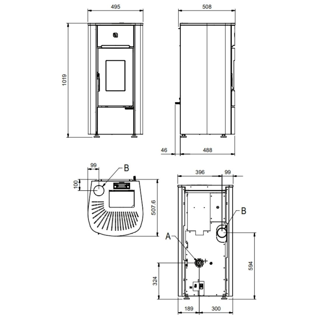 Dimensions poêle à granulés Mariella 7 kW La Nordica Extraflame 495 x 1019 x 508 mm
