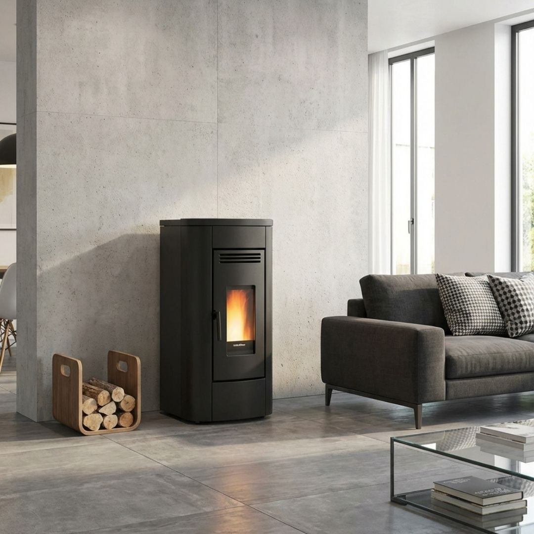 Poêle à granulés Klaudia Plus 5.0 8 kW noir installé dans un salon contemporain