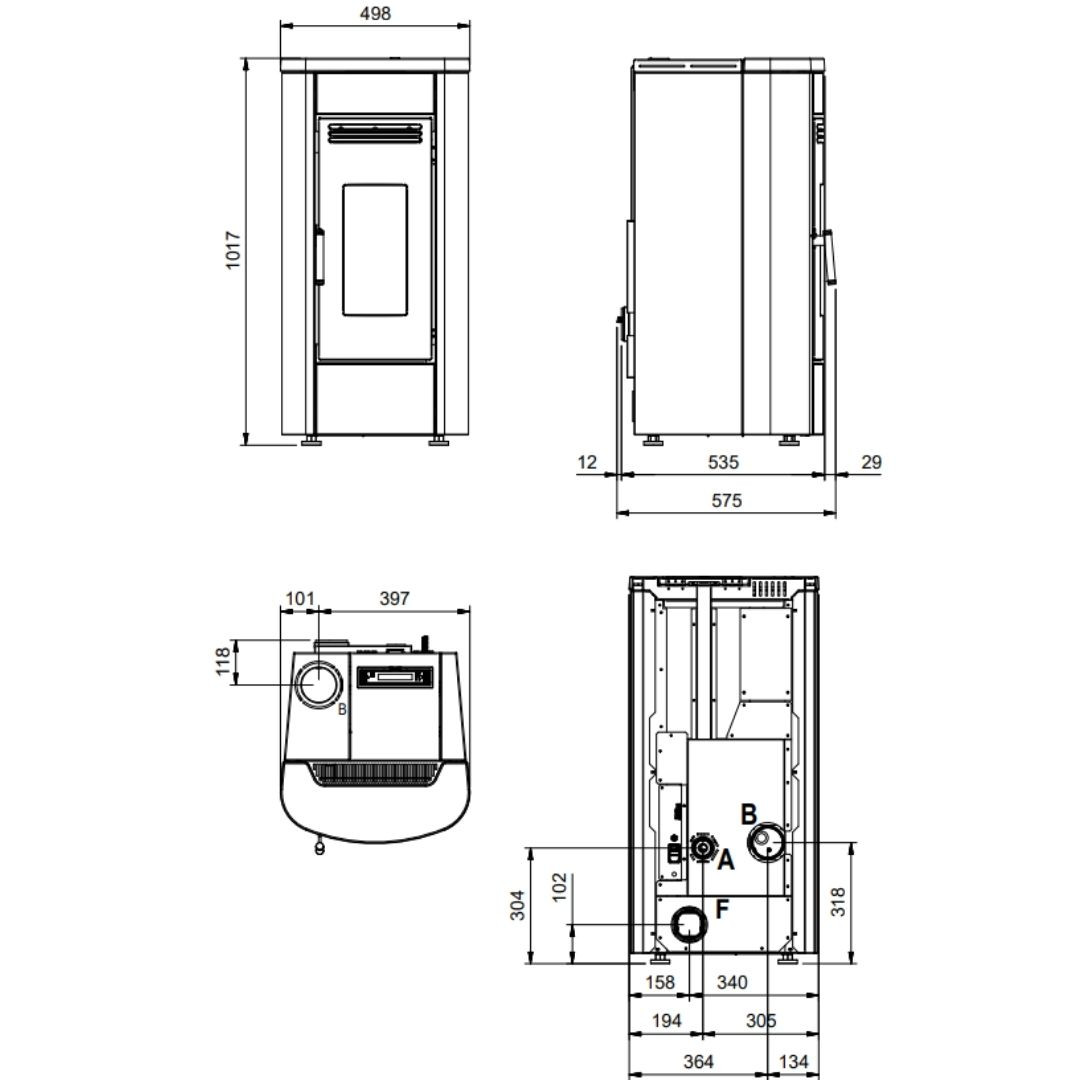 Schéma technique avec dimensions du poêle à granulés Klaudia Plus 5.0 8 kW