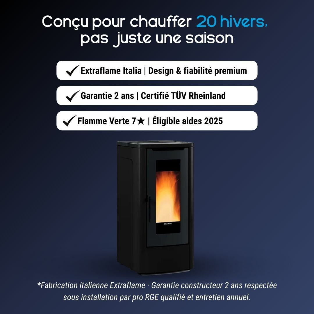 Poêle à granulés Teorema noir certifié TÜV Rheinland et Flamme Verte 7 étoiles